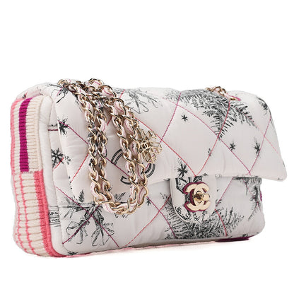 CHANEL Coco Cocoon Nylon X Cotton Turnlock Snow Crystal Motif Print With Snow Crystal Charm Chain Shoulder Multicolor White Gold-Tone Hardware, Pre-Owned