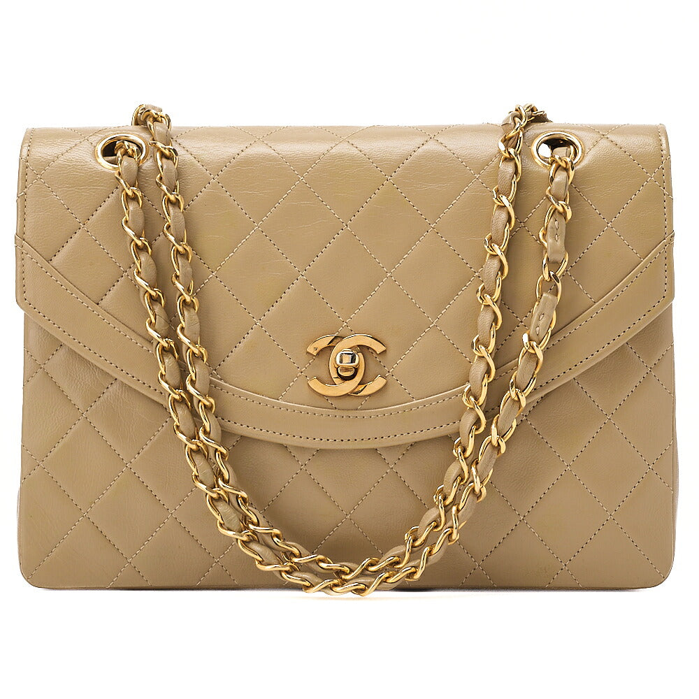 CHANEL Chain Shoulder Bag Matelasse Lambskin Beige Round Flap Gold-Tone Hardware, Pre-Owned