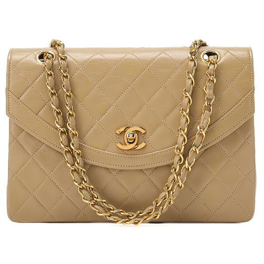 CHANEL Chain Shoulder Bag Matelasse Lambskin Beige Round Flap Gold-Tone Hardware, Pre-Owned