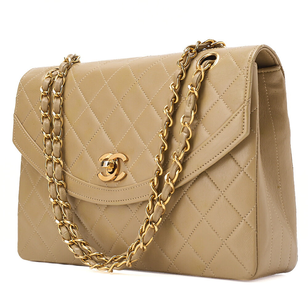 CHANEL Chain Shoulder Bag Matelasse Lambskin Beige Round Flap Gold-Tone Hardware, Pre-Owned