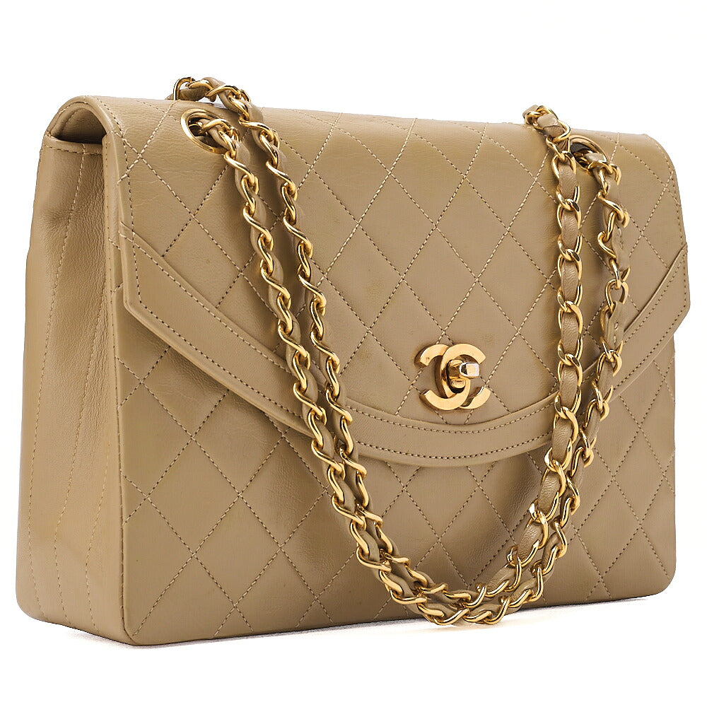 CHANEL Chain Shoulder Bag Matelasse Lambskin Beige Round Flap Gold-Tone Hardware, Pre-Owned