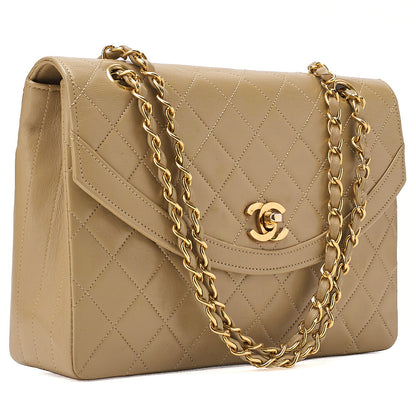 CHANEL Chain Shoulder Bag Matelasse Lambskin Beige Round Flap Gold-Tone Hardware, Pre-Owned
