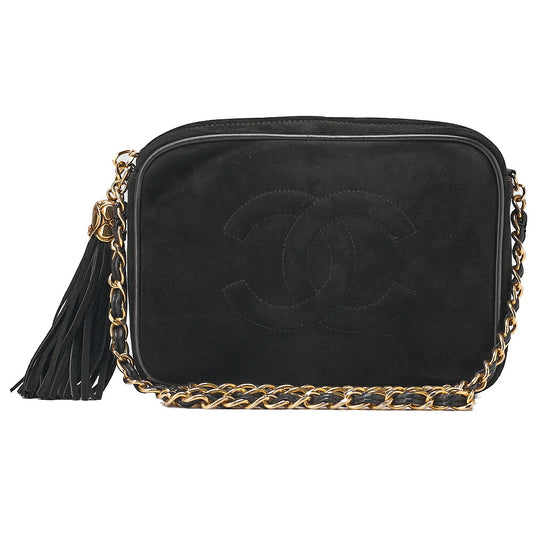 CHANEL Suede Coco Mark Fringe Chain Shoulder Black Gold-Tone Hardware, Pre-Owned