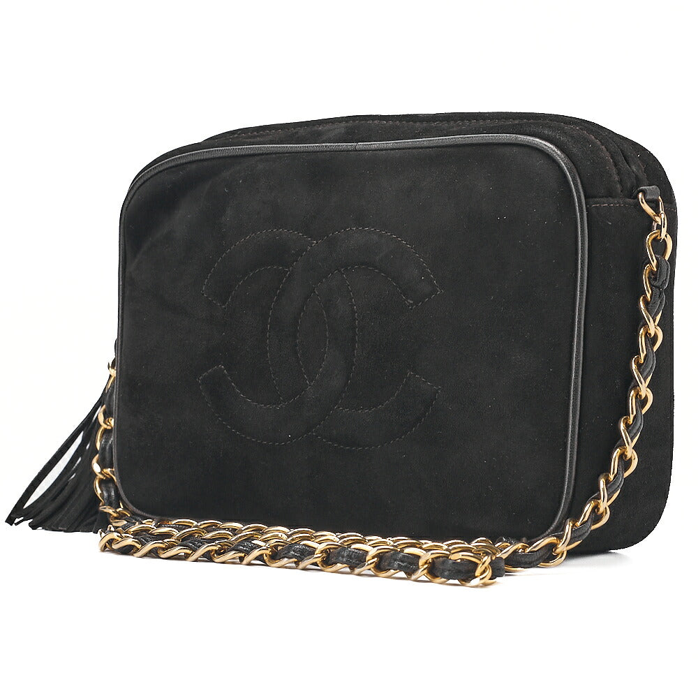 CHANEL Suede Coco Mark Fringe Chain Shoulder Black Gold-Tone Hardware, Pre-Owned
