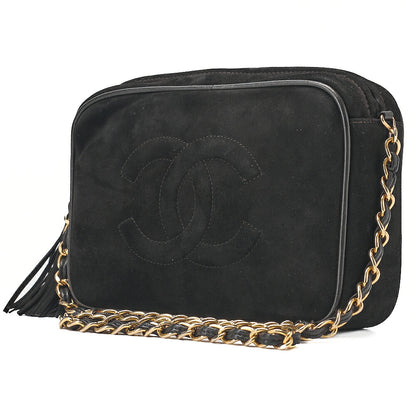 CHANEL Suede Coco Mark Fringe Chain Shoulder Black Gold-Tone Hardware, Pre-Owned