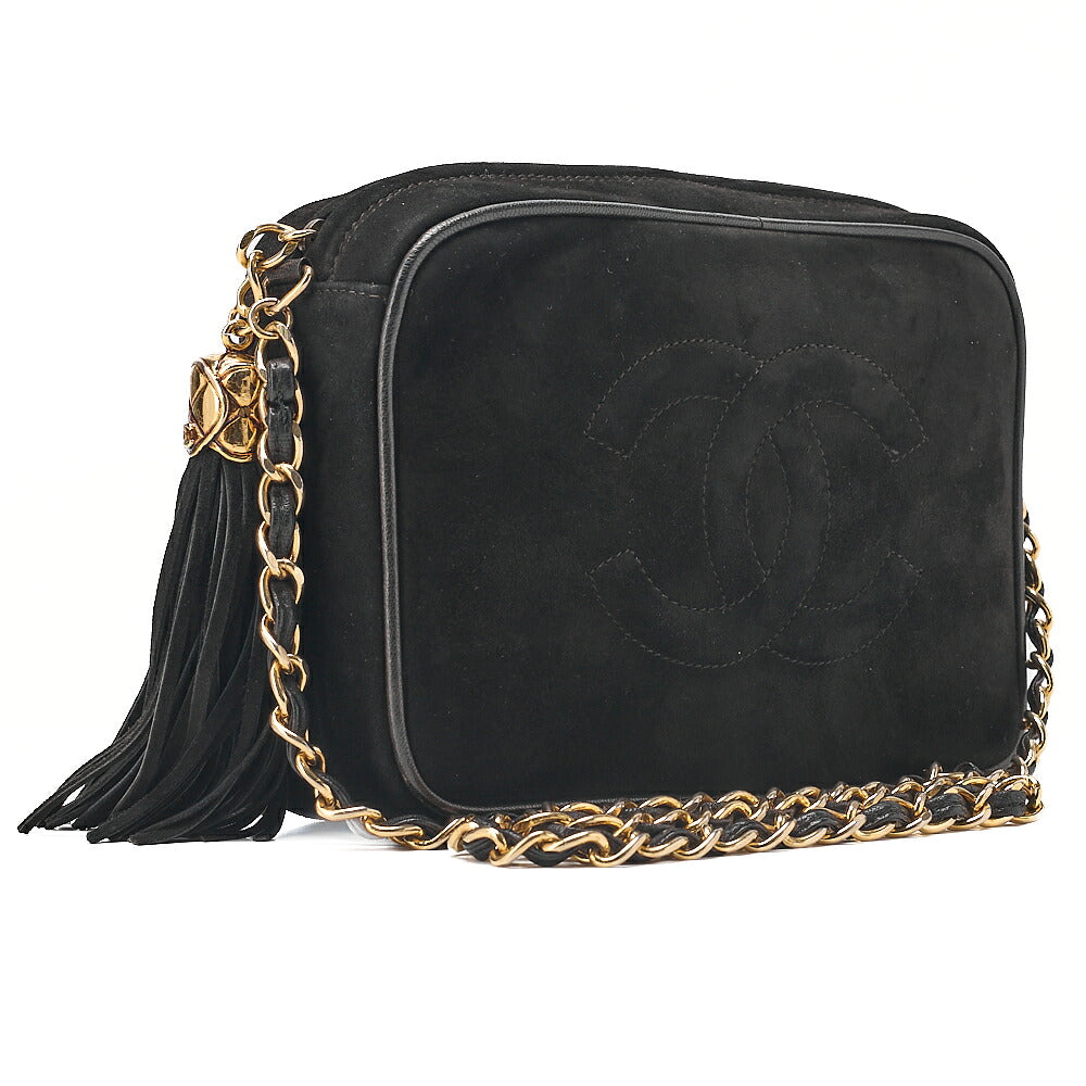 CHANEL Suede Coco Mark Fringe Chain Shoulder Black Gold-Tone Hardware, Pre-Owned