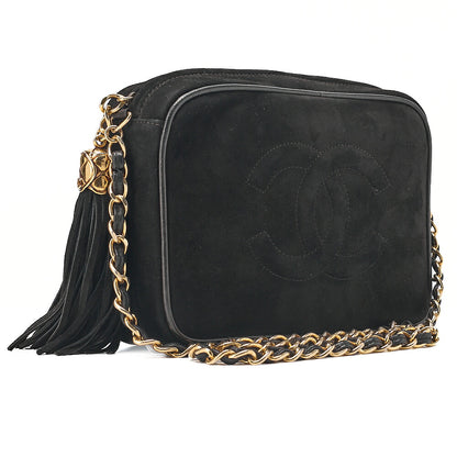 CHANEL Suede Coco Mark Fringe Chain Shoulder Black Gold-Tone Hardware, Pre-Owned