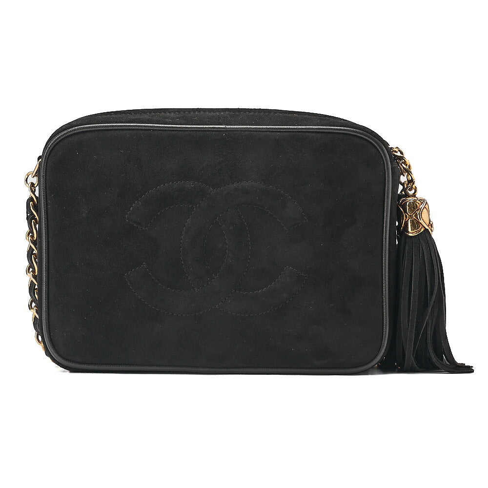 CHANEL Suede Coco Mark Fringe Chain Shoulder Black Gold-Tone Hardware, Pre-Owned