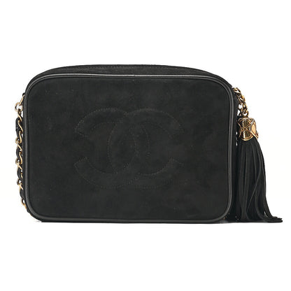 CHANEL Suede Coco Mark Fringe Chain Shoulder Black Gold-Tone Hardware, Pre-Owned