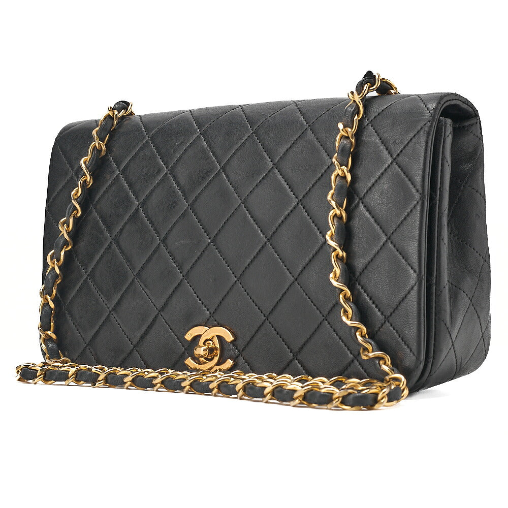 CHANEL Lambskin Matelasse Full Flap 23cm Chain Shoulder Black Gold-Tone Hardware, Pre-Owned