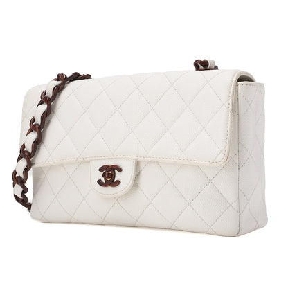 CHANEL Wood Chain Shoulder Bag Caviar Skin Wood Pattern Single White Gold-Tone Hardware, Pre-Owned