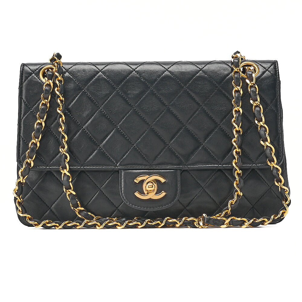 CHANEL Lambskin Matelasse Straight Flap Tang Lock Double Flap Chain Shoulder Bag Black Gold-Tone Hardware, Pre-Owned