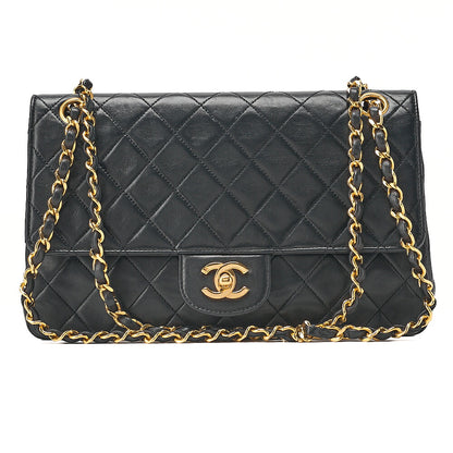 CHANEL Lambskin Matelasse Straight Flap Tang Lock Double Flap Chain Shoulder Bag Black Gold-Tone Hardware, Pre-Owned