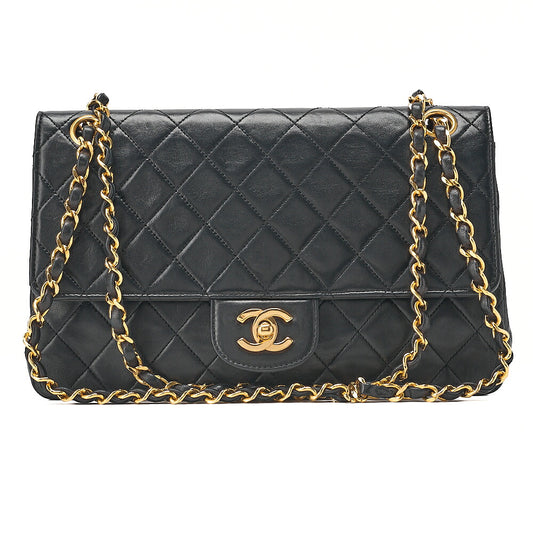 CHANEL Lambskin Matelasse Straight Flap Tang Lock Double Flap Chain Shoulder Bag Black Gold-Tone Hardware, Pre-Owned