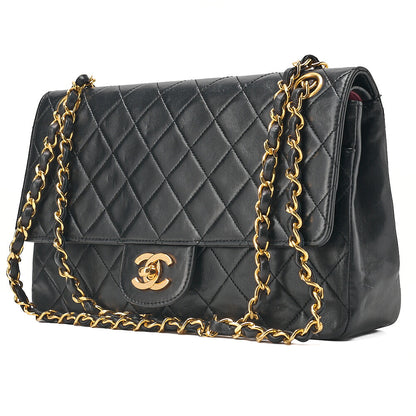 CHANEL Lambskin Matelasse Straight Flap Tang Lock Double Flap Chain Shoulder Bag Black Gold-Tone Hardware, Pre-Owned
