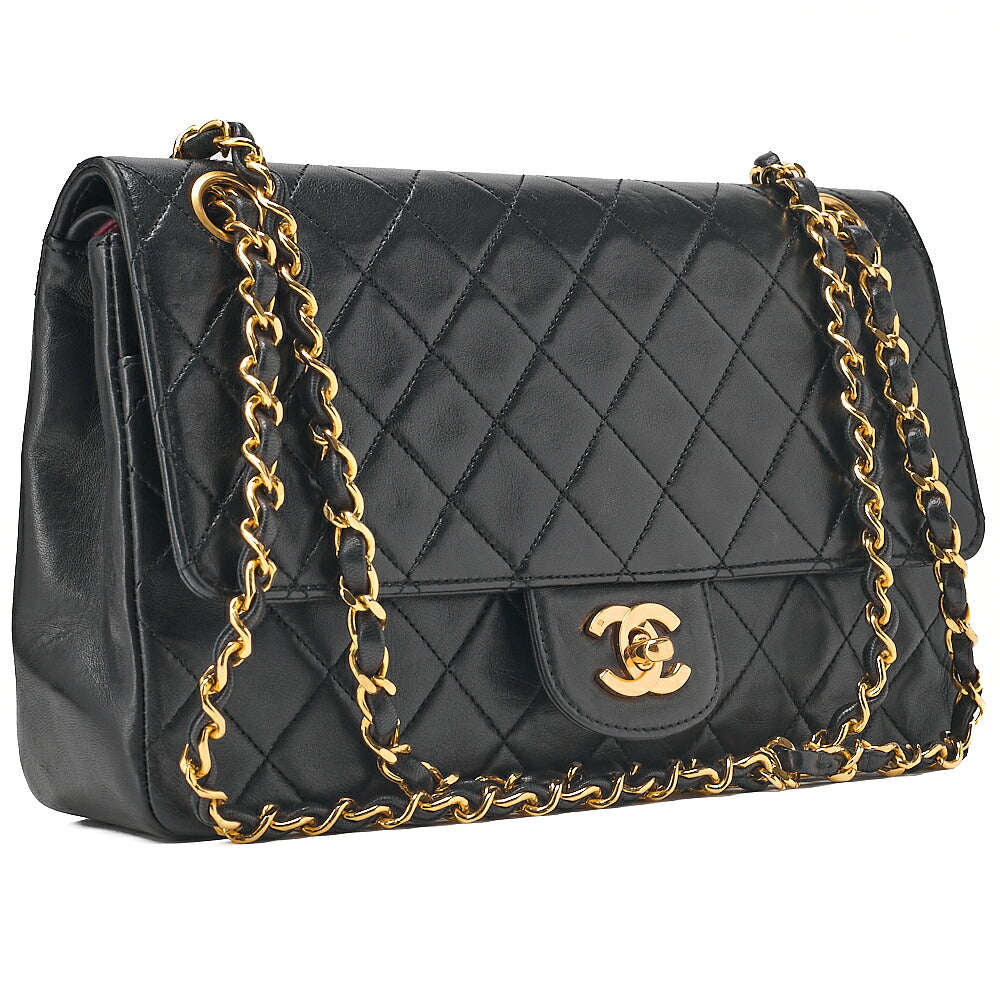 CHANEL Lambskin Matelasse Straight Flap Tang Lock Double Flap Chain Shoulder Bag Black Gold-Tone Hardware, Pre-Owned