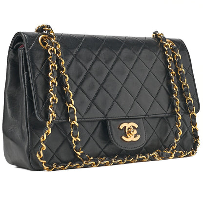 CHANEL Lambskin Matelasse Straight Flap Tang Lock Double Flap Chain Shoulder Bag Black Gold-Tone Hardware, Pre-Owned