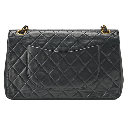 CHANEL Lambskin Matelasse Straight Flap Tang Lock Double Flap Chain Shoulder Bag Black Gold-Tone Hardware, Pre-Owned