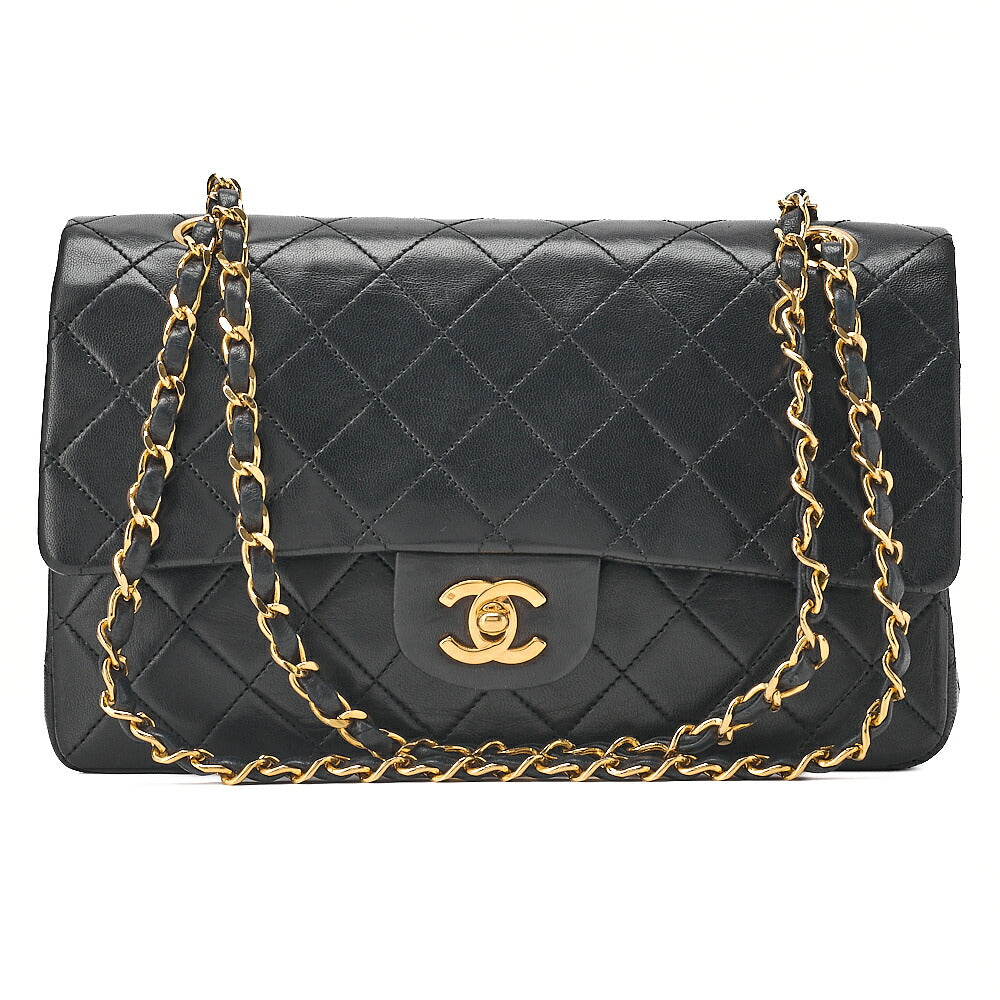 CHANEL Lambskin Matelasse 25cm Double Flap Chain Shoulder Black Gold-Tone Hardware, Pre-Owned