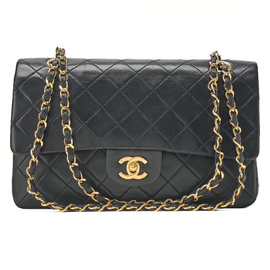 CHANEL Lambskin Matelasse 25cm Double Flap Chain Shoulder Black Gold-Tone Hardware, Pre-Owned