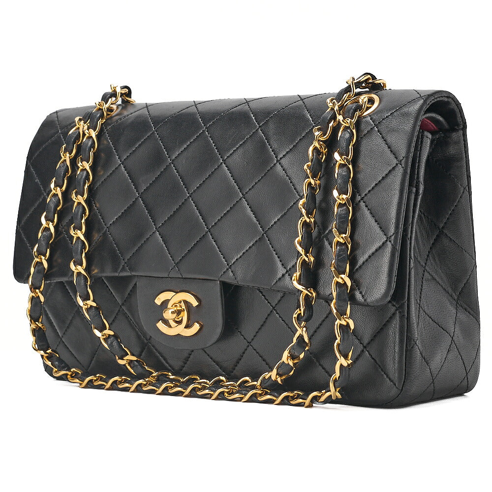 CHANEL Lambskin Matelasse 25cm Double Flap Chain Shoulder Black Gold-Tone Hardware, Pre-Owned
