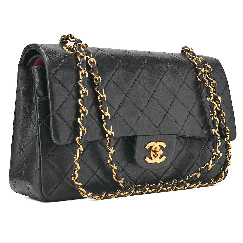 CHANEL Lambskin Matelasse 25cm Double Flap Chain Shoulder Black Gold-Tone Hardware, Pre-Owned
