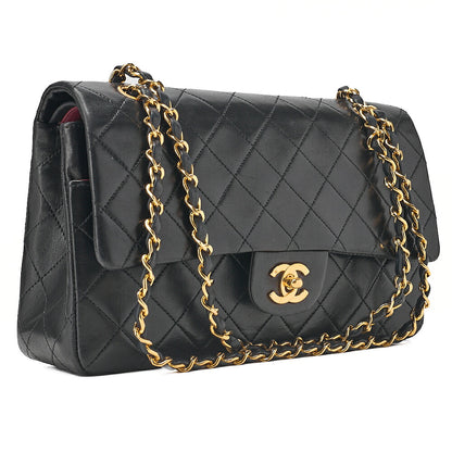 CHANEL Lambskin Matelasse 25cm Double Flap Chain Shoulder Black Gold-Tone Hardware, Pre-Owned
