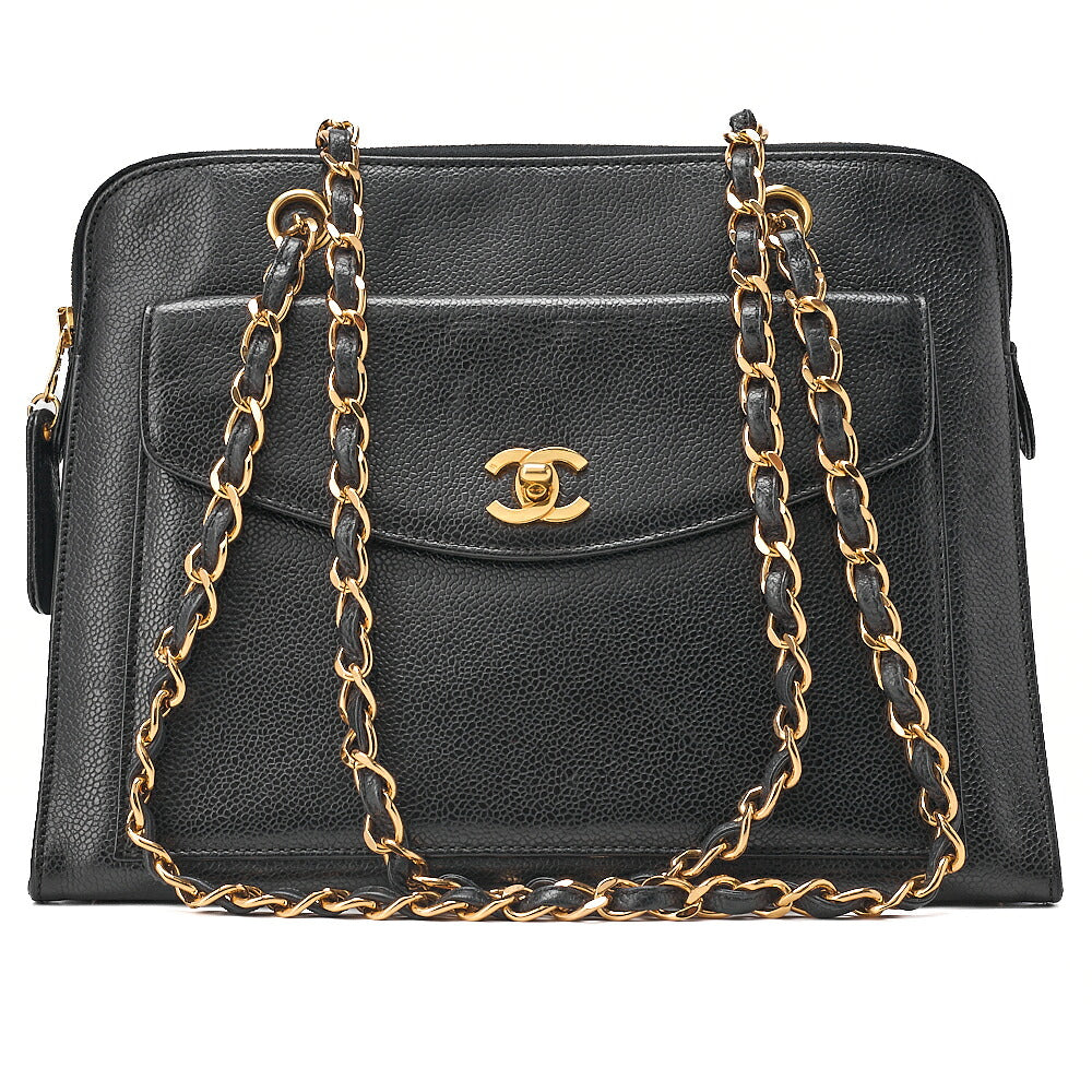 CHANEL Chanel Caviar Skin Turn Lock Outside Flap Logo Charm Double Chain Shoulder Black Gold-Tone Hardware, Pre-Owned