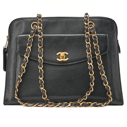 CHANEL Chanel Caviar Skin Turn Lock Outside Flap Logo Charm Double Chain Shoulder Black Gold-Tone Hardware, Pre-Owned