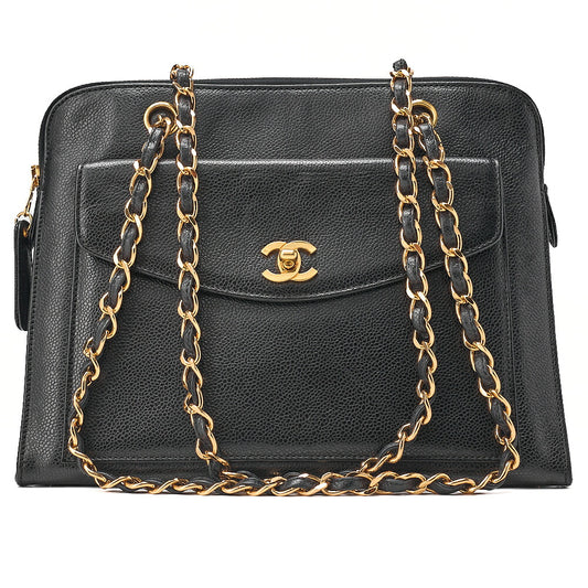 CHANEL Chanel Caviar Skin Turn Lock Outside Flap Logo Charm Double Chain Shoulder Black Gold-Tone Hardware, Pre-Owned