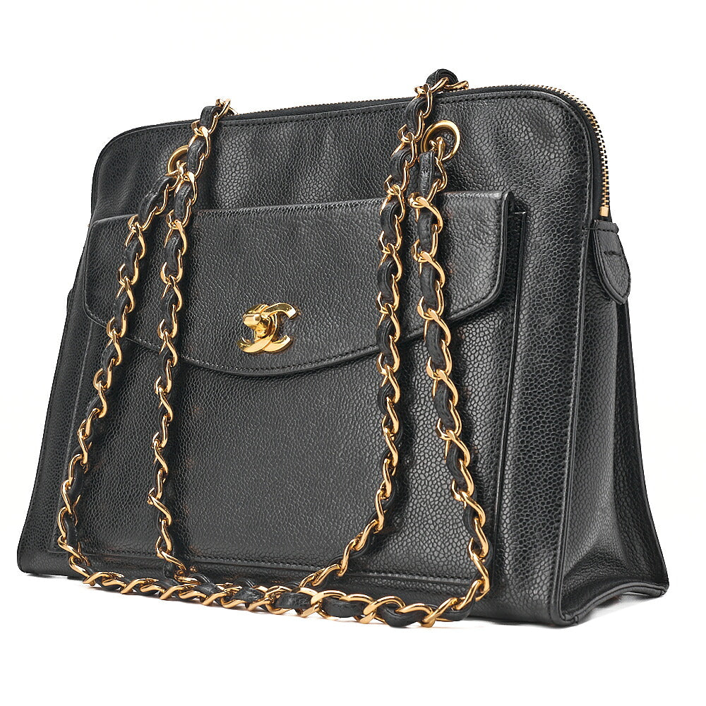 CHANEL Chanel Caviar Skin Turn Lock Outside Flap Logo Charm Double Chain Shoulder Black Gold-Tone Hardware, Pre-Owned
