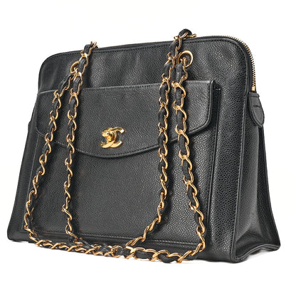 CHANEL Chanel Caviar Skin Turn Lock Outside Flap Logo Charm Double Chain Shoulder Black Gold-Tone Hardware, Pre-Owned