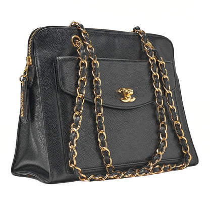 CHANEL Chanel Caviar Skin Turn Lock Outside Flap Logo Charm Double Chain Shoulder Black Gold-Tone Hardware, Pre-Owned