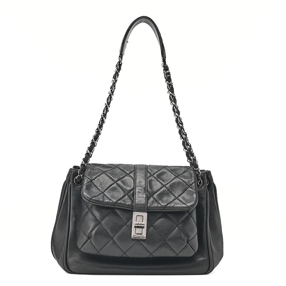 CHANEL Caviar Skin Matelasse 2.55 Lock One Shoulder Black Silver-Tone Hardware, Pre-Owned