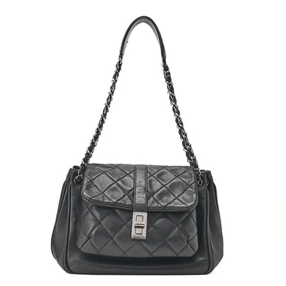 CHANEL Caviar Skin Matelasse 2.55 Lock One Shoulder Black Silver-Tone Hardware, Pre-Owned