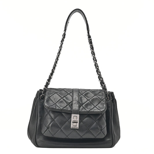 CHANEL Caviar Skin Matelasse 2.55 Lock One Shoulder Black Silver-Tone Hardware, Pre-Owned