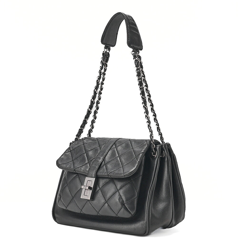 CHANEL Caviar Skin Matelasse 2.55 Lock One Shoulder Black Silver-Tone Hardware, Pre-Owned