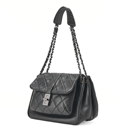 CHANEL Caviar Skin Matelasse 2.55 Lock One Shoulder Black Silver-Tone Hardware, Pre-Owned