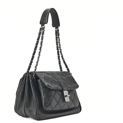 CHANEL Caviar Skin Matelasse 2.55 Lock One Shoulder Black Silver-Tone Hardware, Pre-Owned