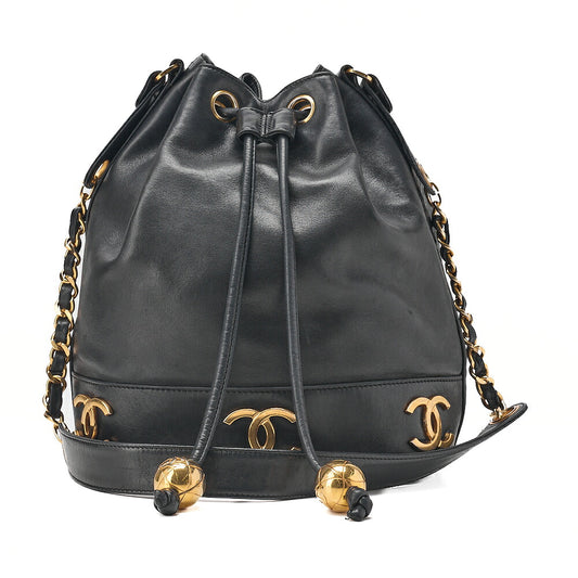 CHANEL Chain Shoulder Bag Triple Coco Lambskin Ball Charm Drawstring Black Gold-Tone Hardware, Pre-Owned