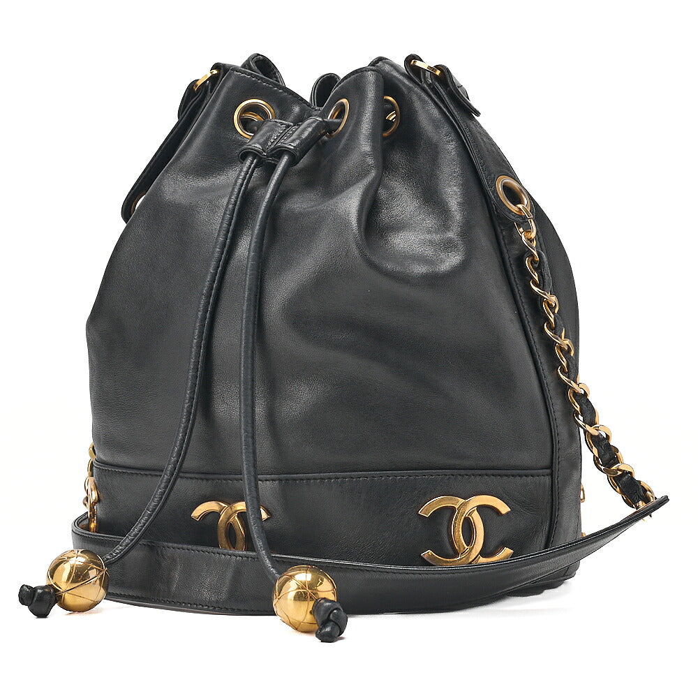 CHANEL Chain Shoulder Bag Triple Coco Lambskin Ball Charm Drawstring Black Gold-Tone Hardware, Pre-Owned