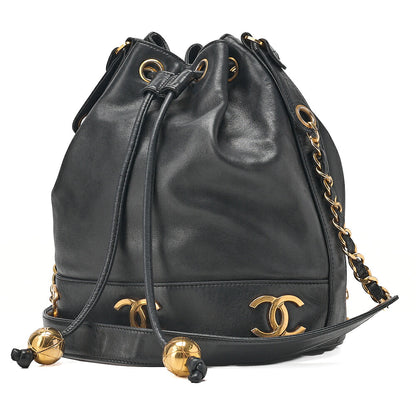 CHANEL Chain Shoulder Bag Triple Coco Lambskin Ball Charm Drawstring Black Gold-Tone Hardware, Pre-Owned
