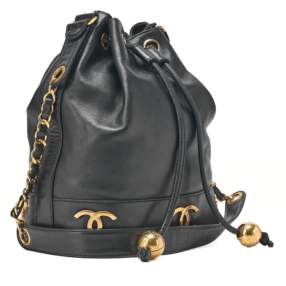 CHANEL Chain Shoulder Bag Triple Coco Lambskin Ball Charm Drawstring Black Gold-Tone Hardware, Pre-Owned