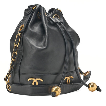 CHANEL Chain Shoulder Bag Triple Coco Lambskin Ball Charm Drawstring Black Gold-Tone Hardware, Pre-Owned