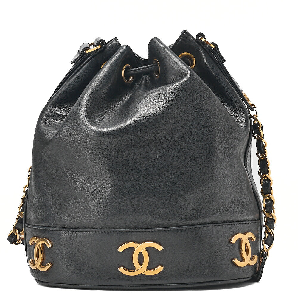 CHANEL Chain Shoulder Bag Triple Coco Lambskin Ball Charm Drawstring Black Gold-Tone Hardware, Pre-Owned