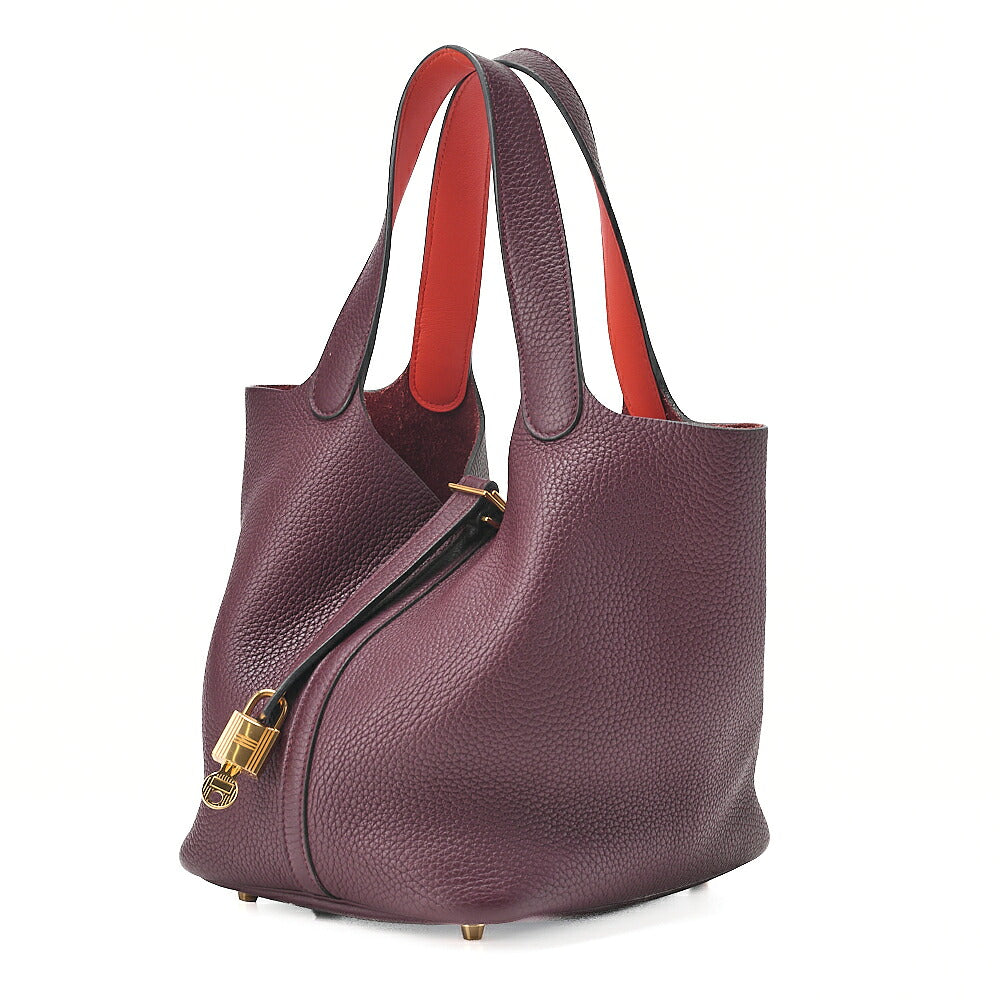 Hermes Hermes Picotan Lock MM Handbag Taurillon x Swift Havana x Orange Poppy Gold-Tone Hardware, Pre-Owned