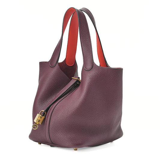 Hermes Hermes Picotan Lock MM Handbag Taurillon x Swift Havana x Orange Poppy Gold-Tone Hardware, Pre-Owned