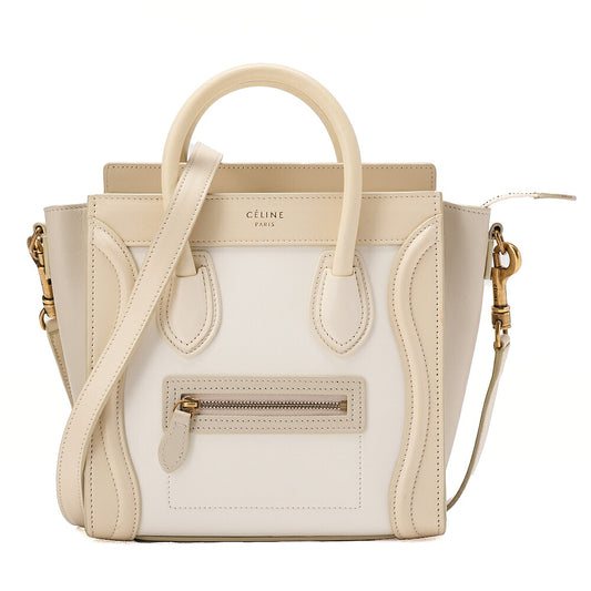 CELINE Luggage 2WAY Micro Handbag Leather Cream Gold-Tone Hardware, Pre-Owned