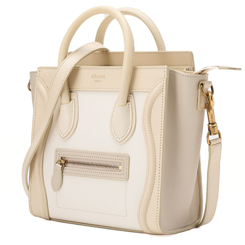 CELINE Luggage 2WAY Micro Handbag Leather Cream Gold-Tone Hardware, Pre-Owned