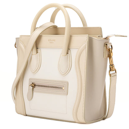 CELINE Luggage 2WAY Micro Handbag Leather Cream Gold-Tone Hardware, Pre-Owned